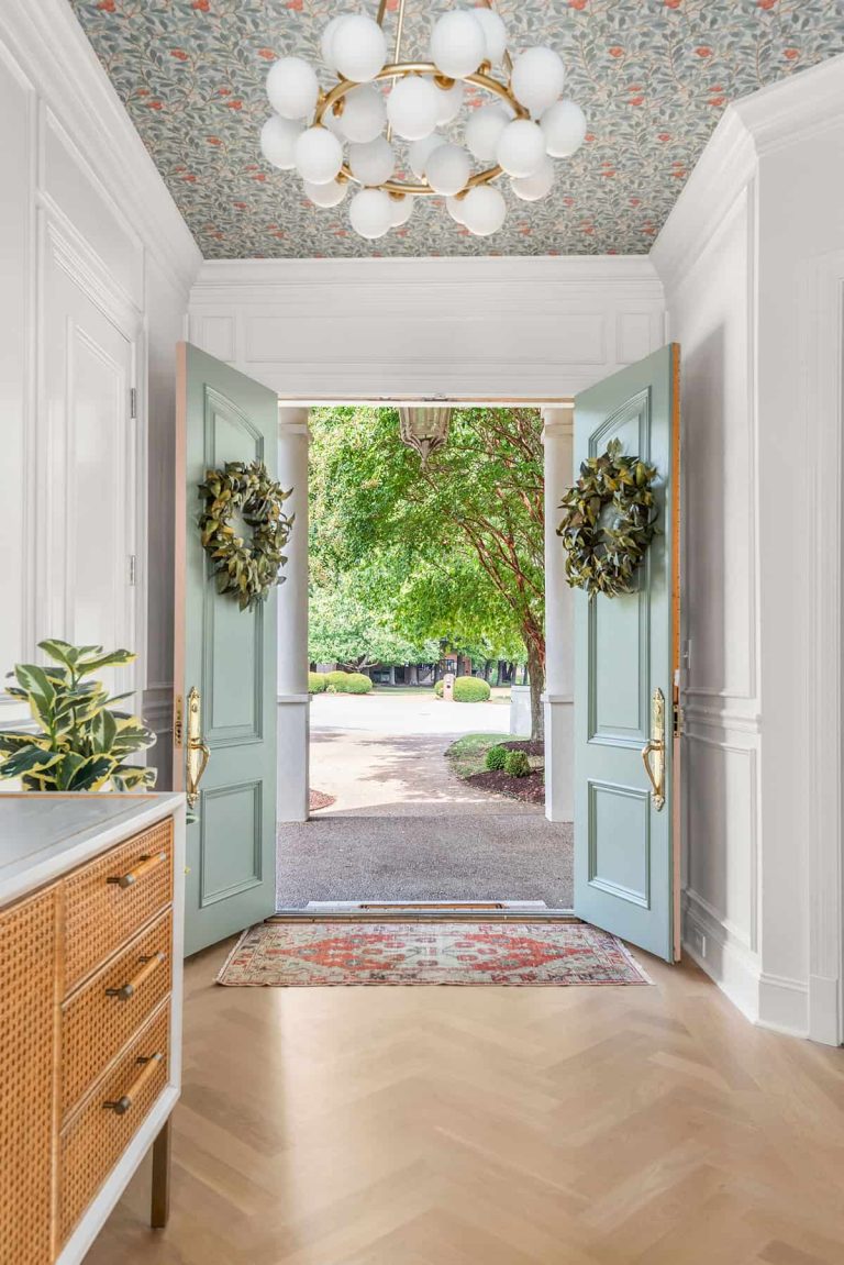 Entryway Decor and Wallpapered Ceiling